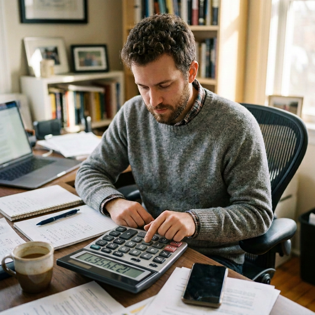 Man working with calculator, papers, and laptop at home desk